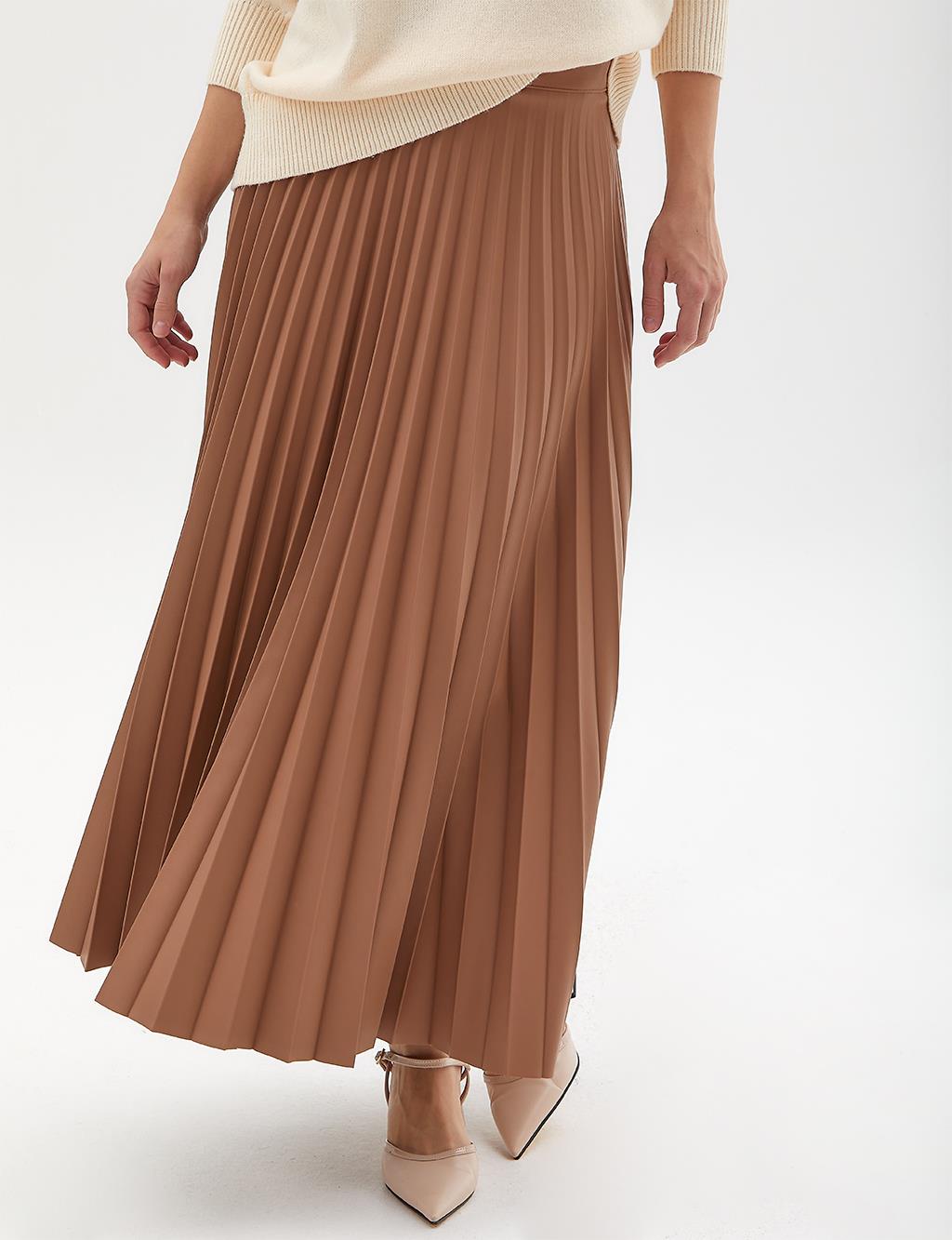 Faux Leather Pleated Skirt Beige