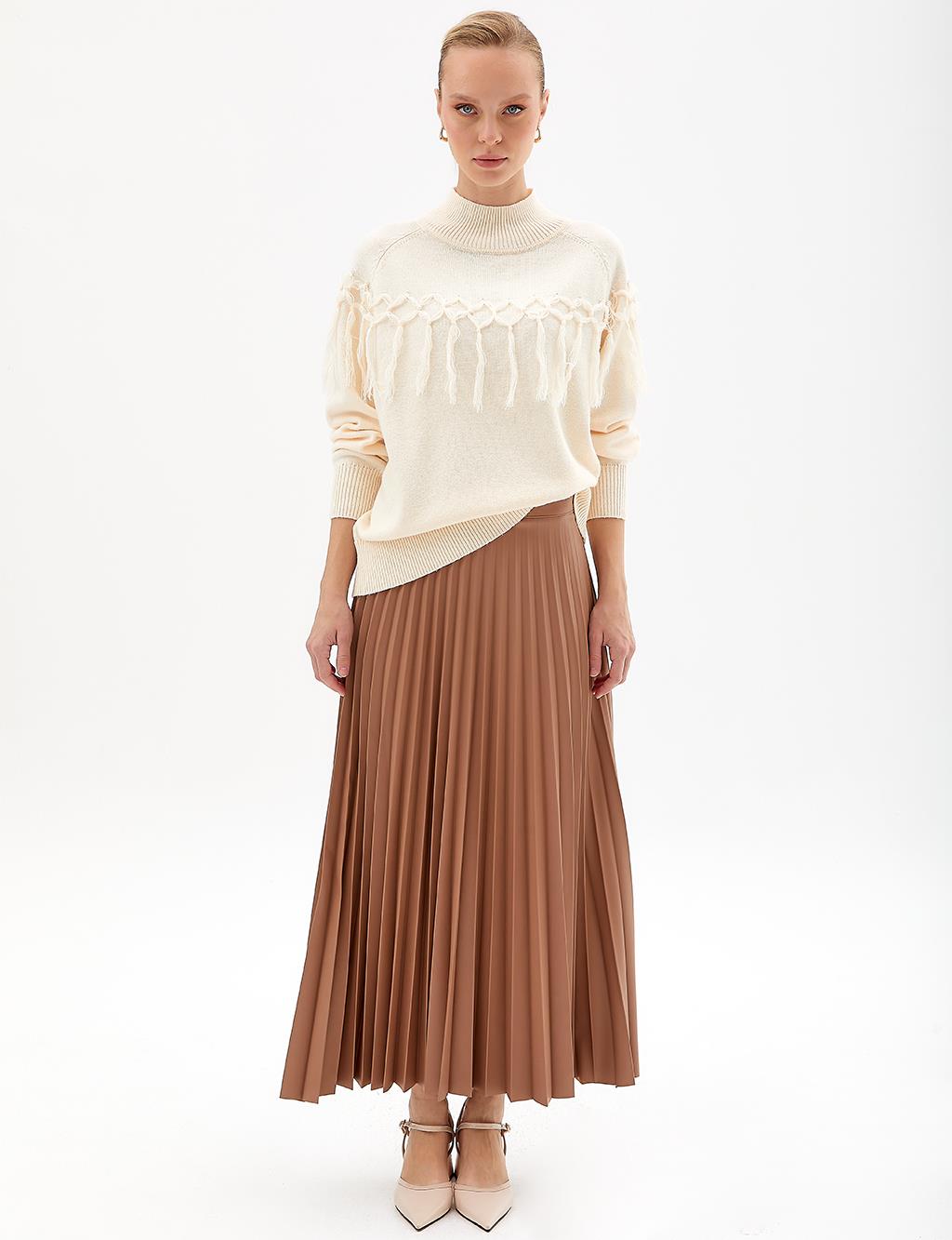 Faux Leather Pleated Skirt Beige
