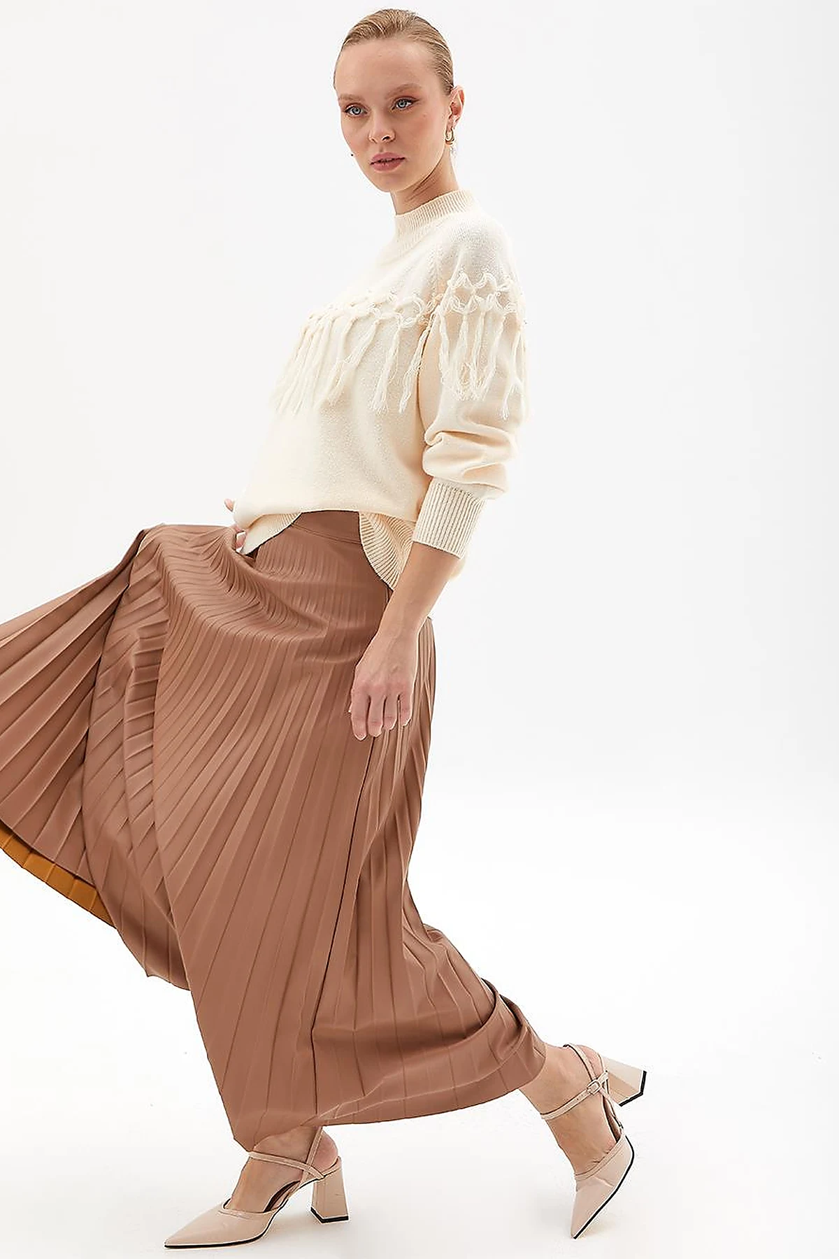 Faux Leather Pleated Skirt Beige