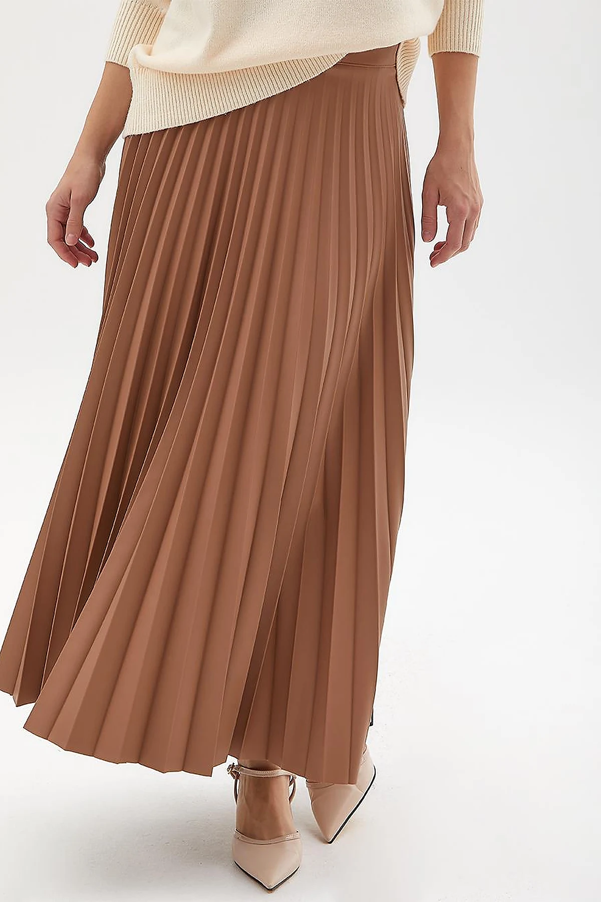 Faux Leather Pleated Skirt Beige
