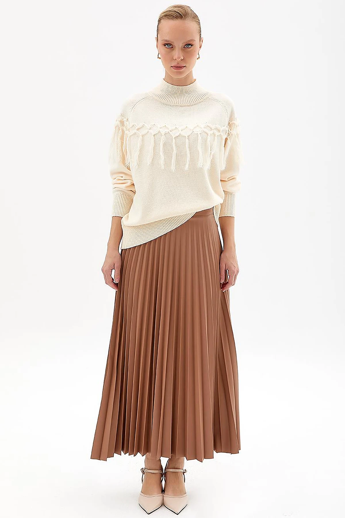 Faux Leather Pleated Skirt Beige