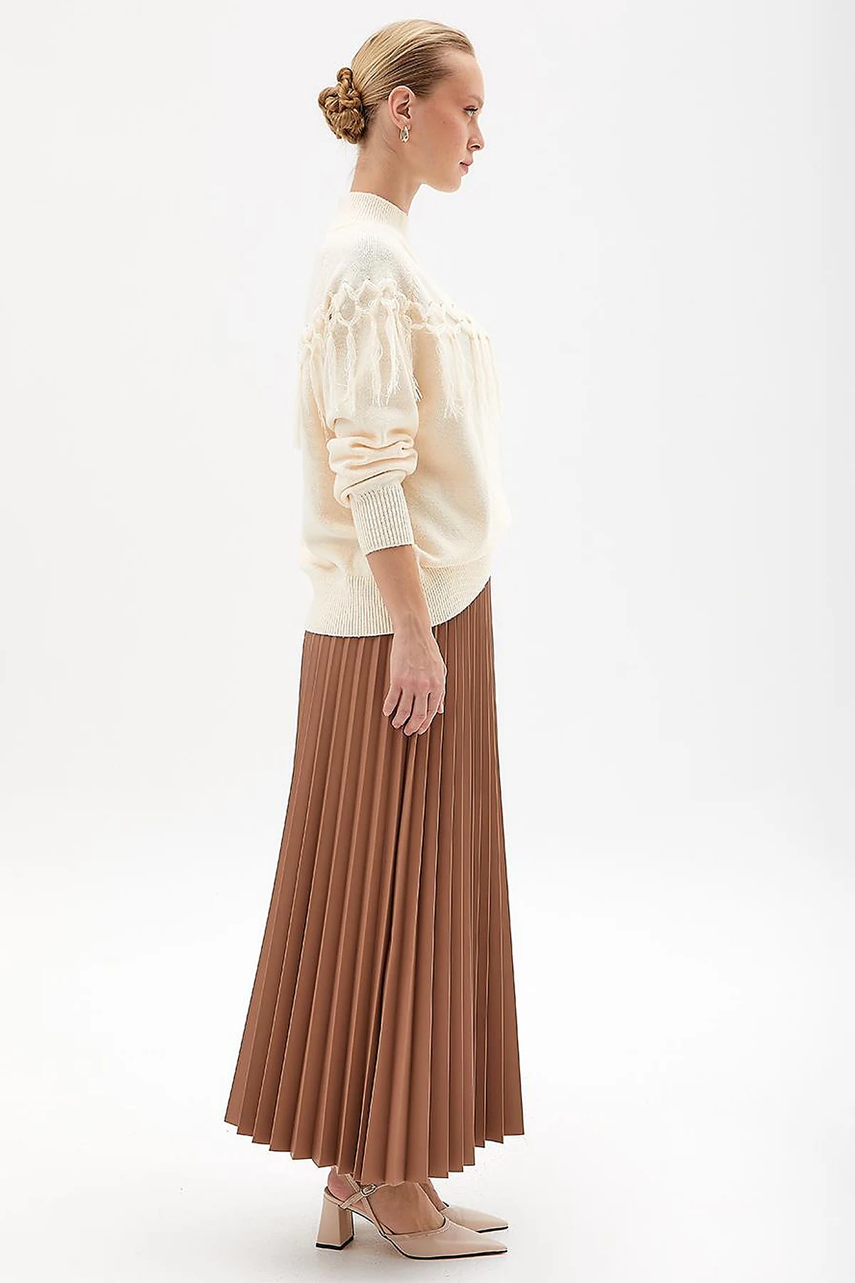 Faux Leather Pleated Skirt Beige