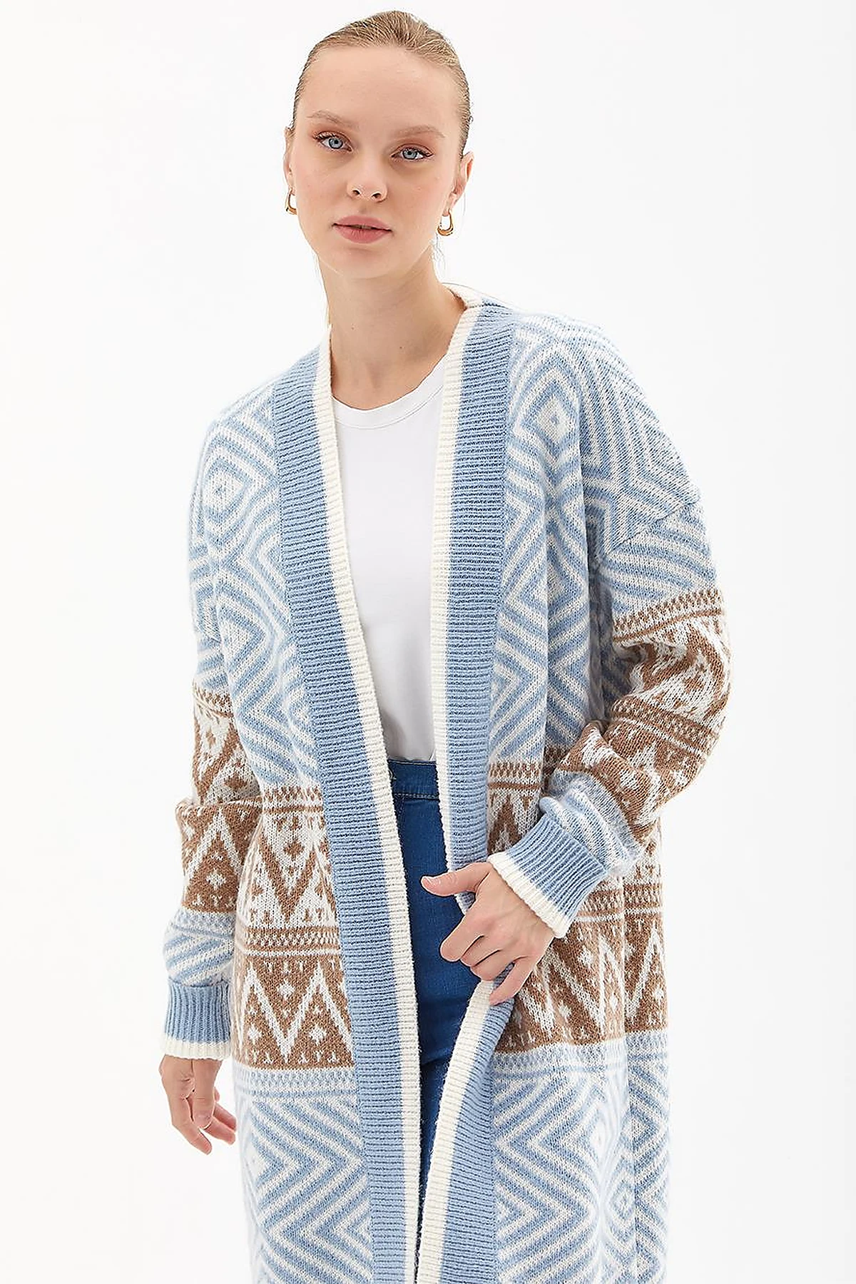 Exclusive Ethnic Patterned Knitwear Cardigan Blue