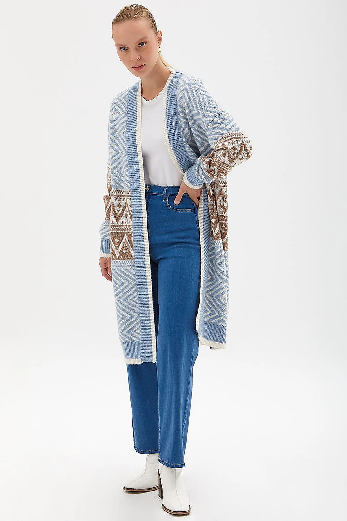 Exclusive Ethnic Patterned Knitwear Cardigan Blue