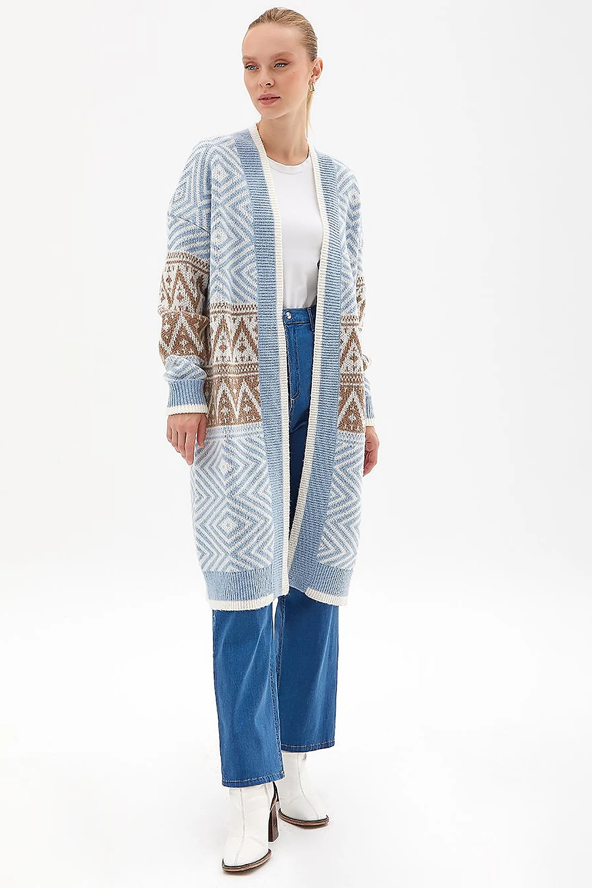 Exclusive Ethnic Patterned Knitwear Cardigan Blue