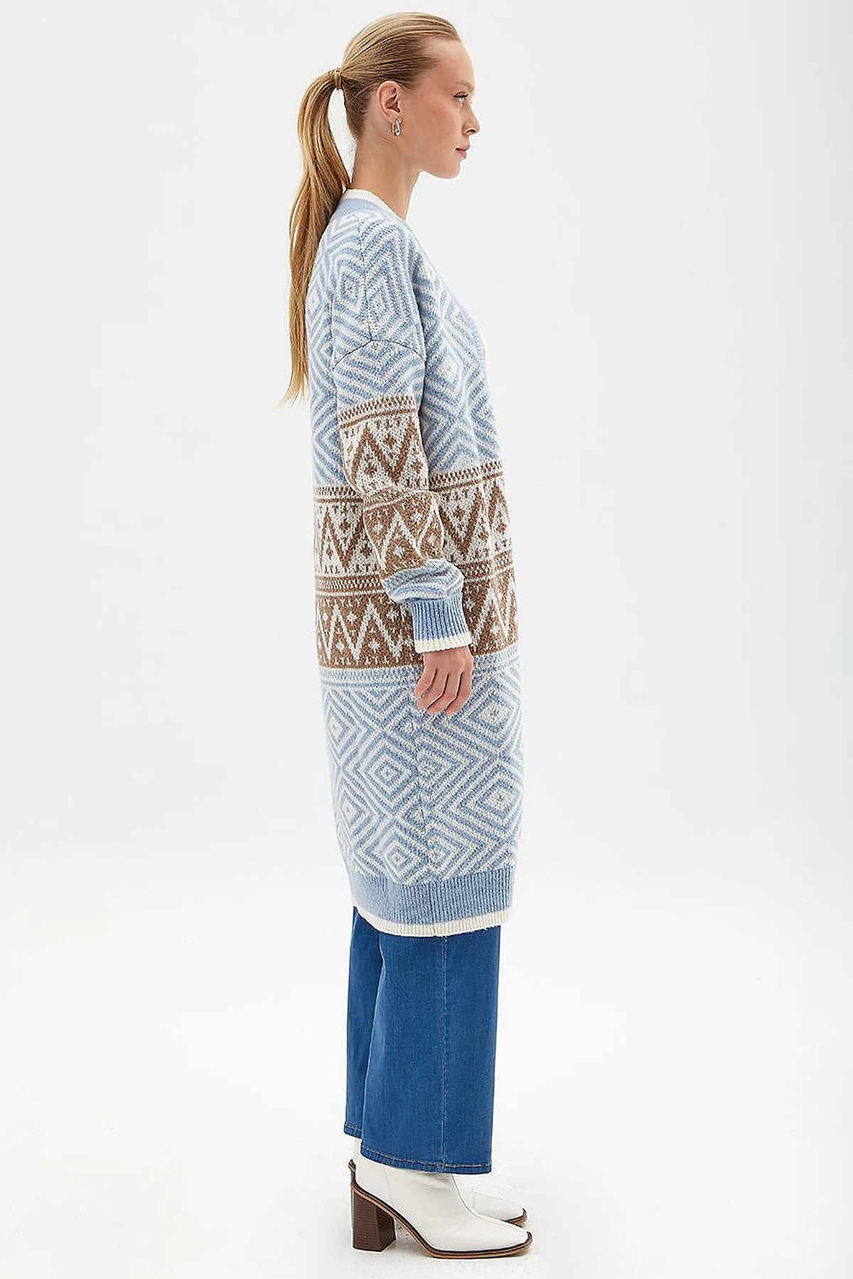Exclusive Ethnic Patterned Knitwear Cardigan Blue