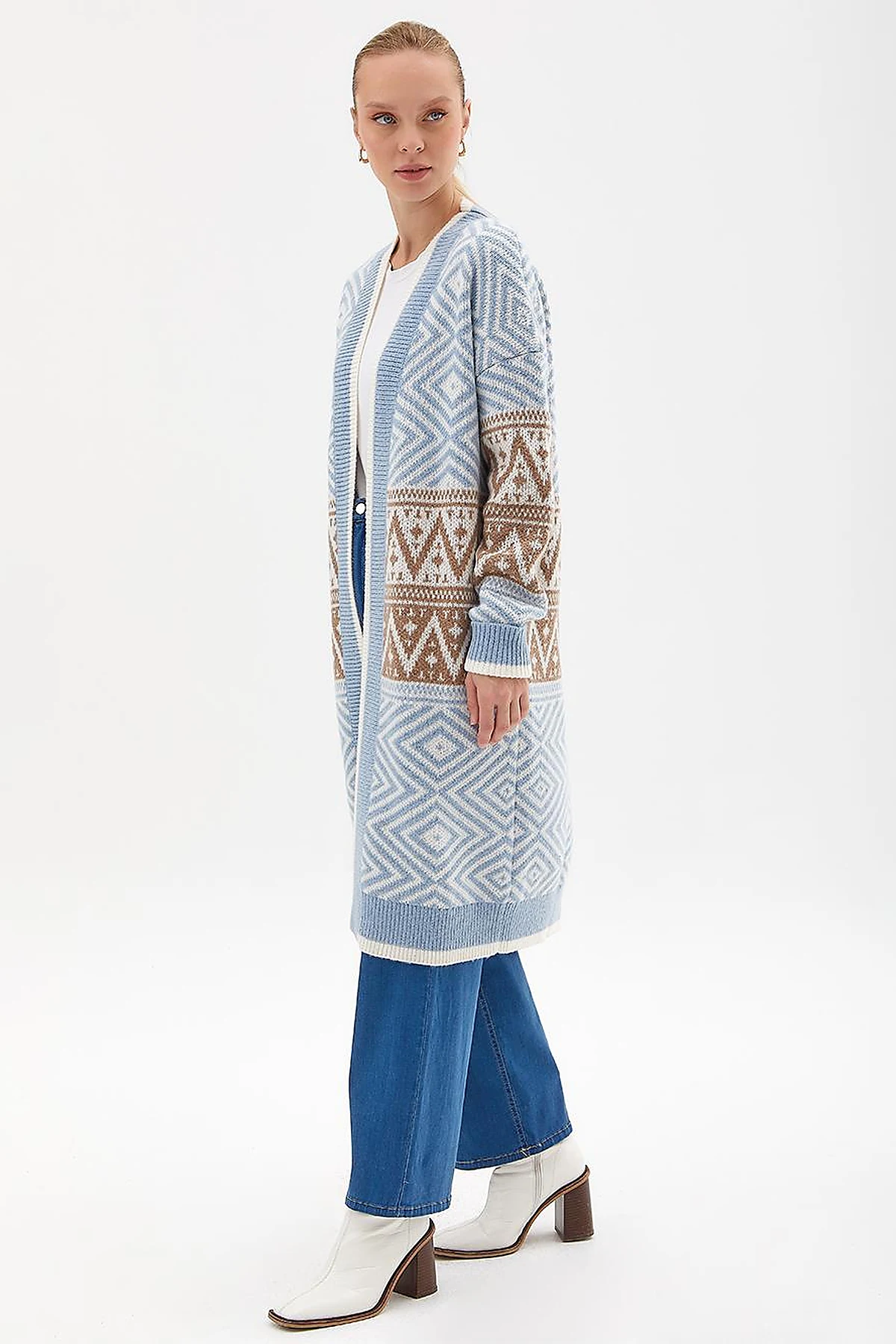 Exclusive Ethnic Patterned Knitwear Cardigan Blue