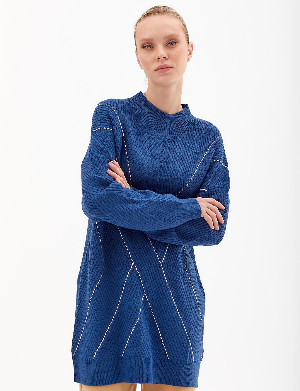 Exclusive Yarım Balıkçı Yaka Triko Tunik İndigo