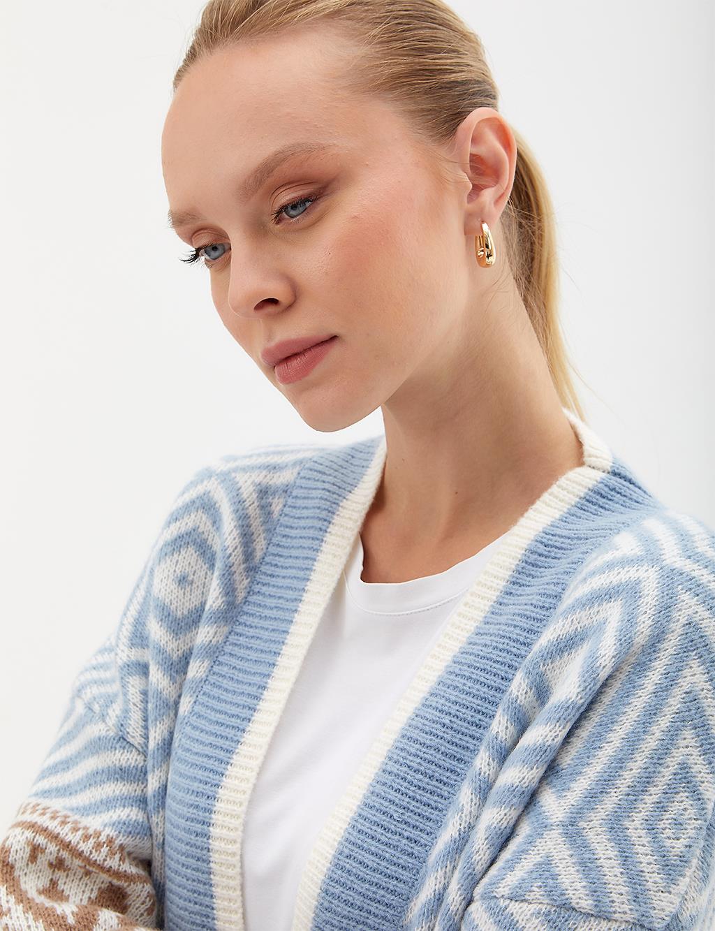 Exclusive Ethnic Patterned Knitwear Cardigan Blue