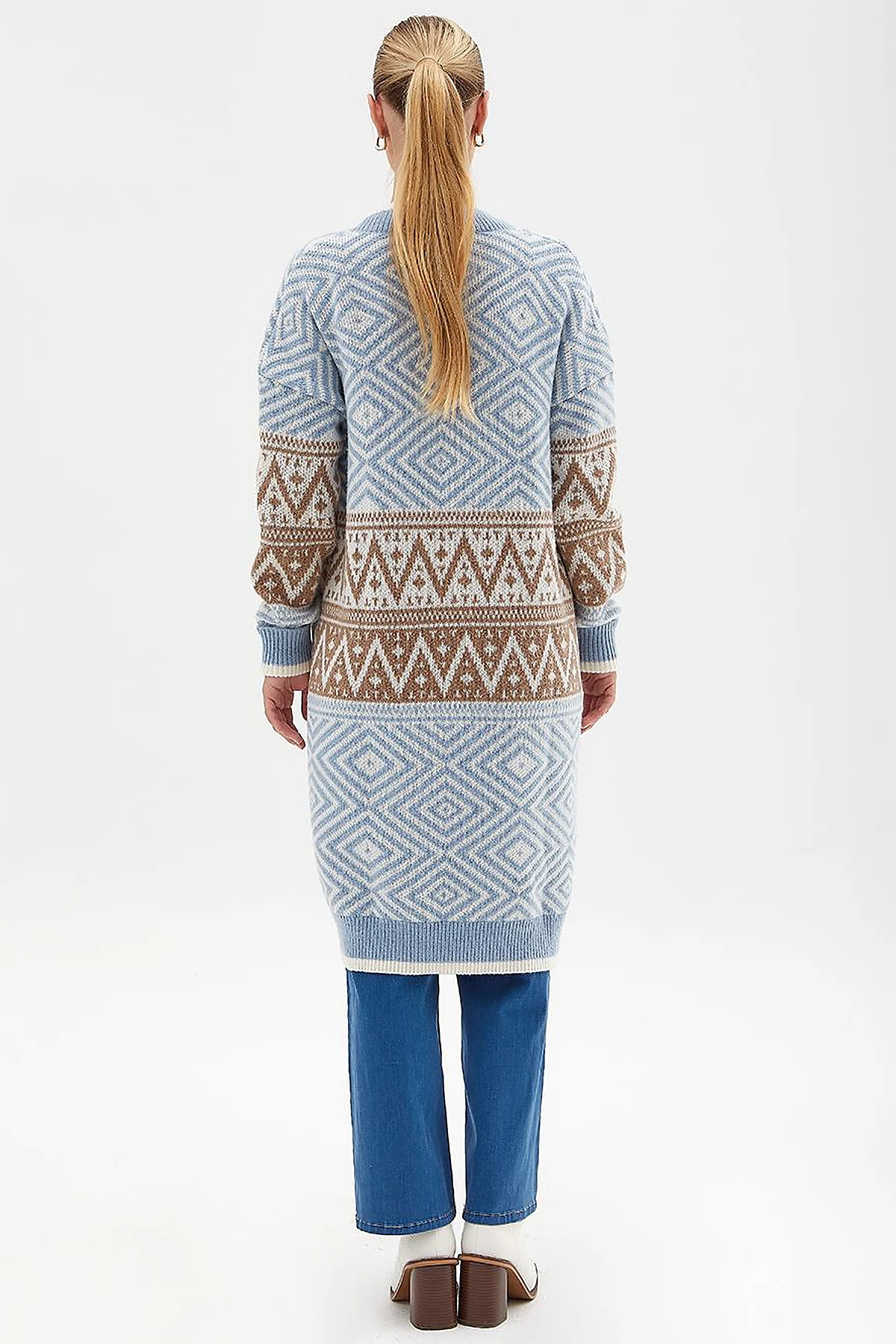 Exclusive Ethnic Patterned Knitwear Cardigan Blue