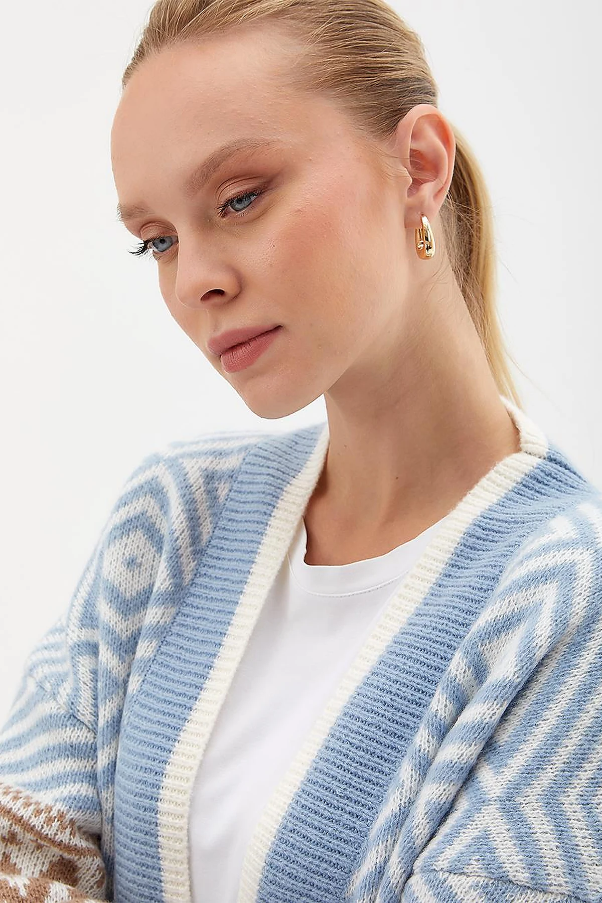 Exclusive Ethnic Patterned Knitwear Cardigan Blue