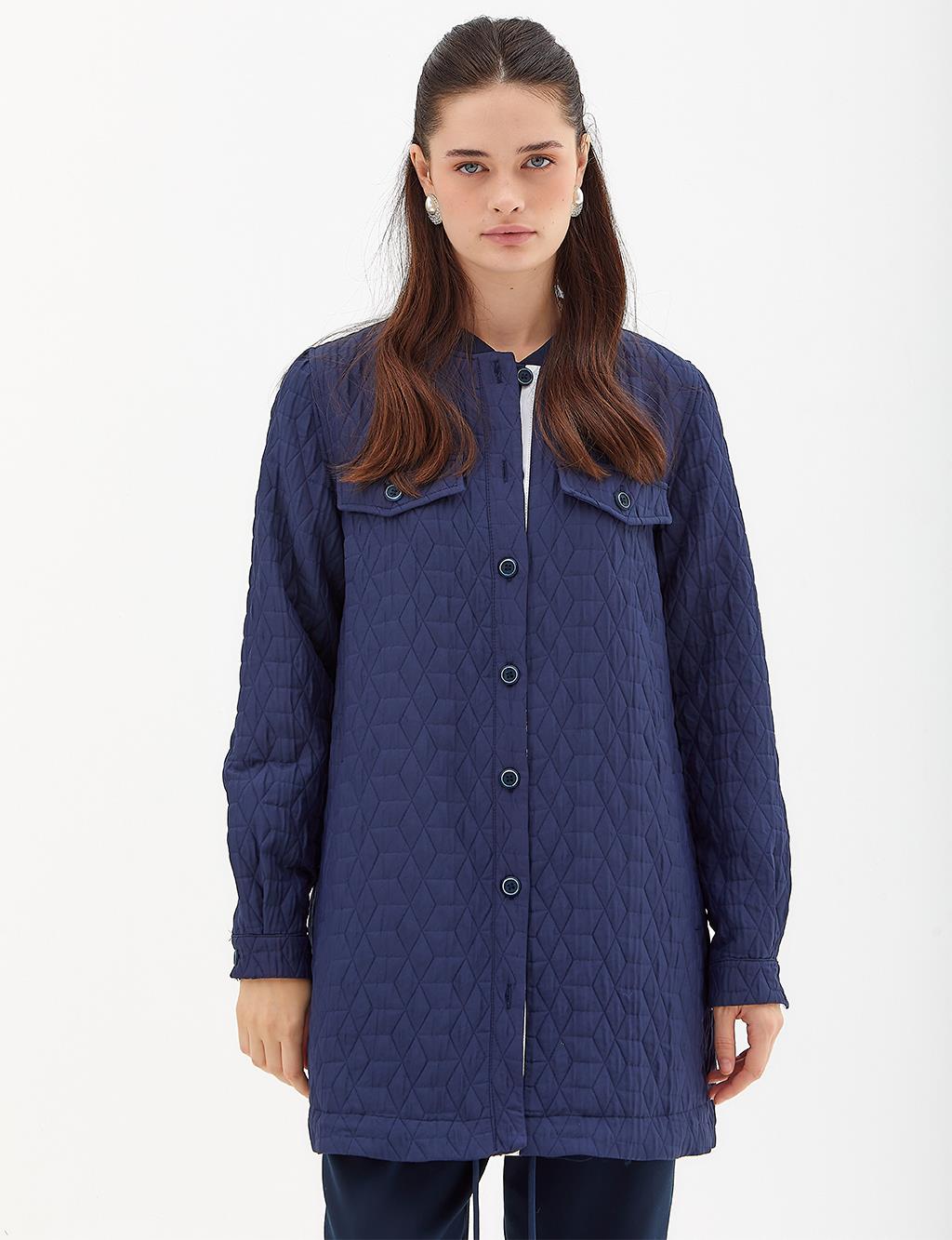 Quilted College Collar Jacket Navy Blue