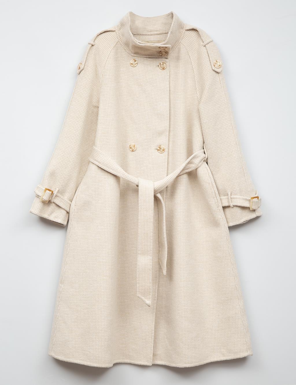 Premium High Collar Double Breasted Belted Stash Coat Cream