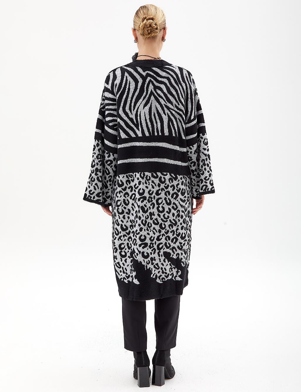Animal Print Mix Knit Cardigan Black