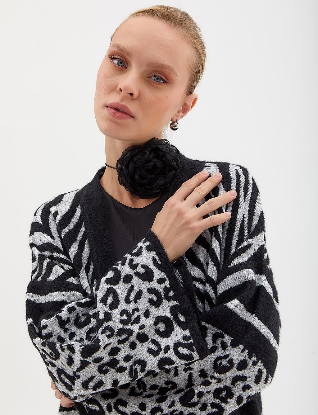 Animal Print Mix Knit Cardigan Black