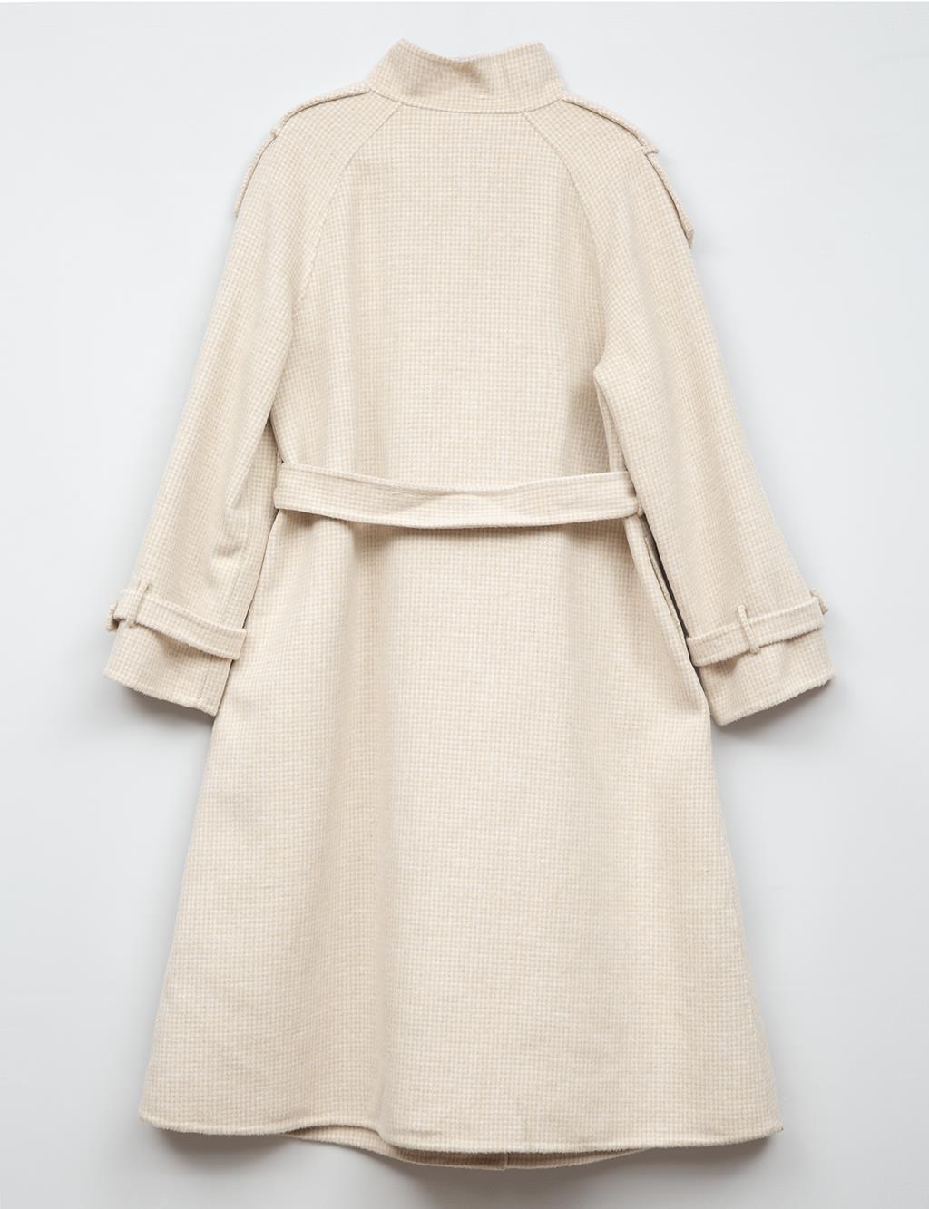 Premium High Collar Double Breasted Belted Stash Coat Cream