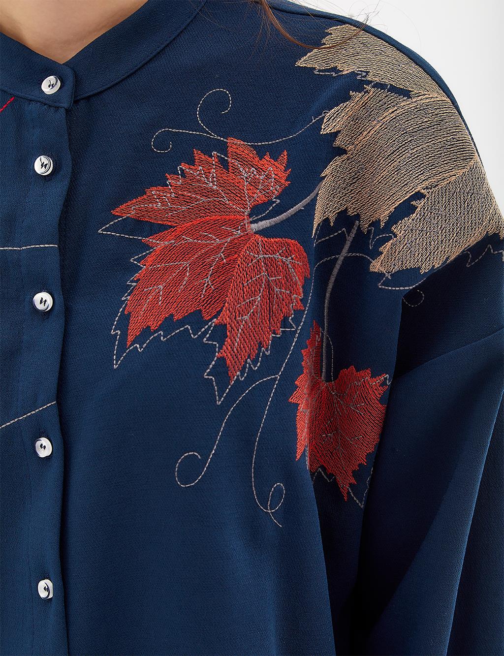 Leaf Embroidered Collar Shirt Dark Navy Blue