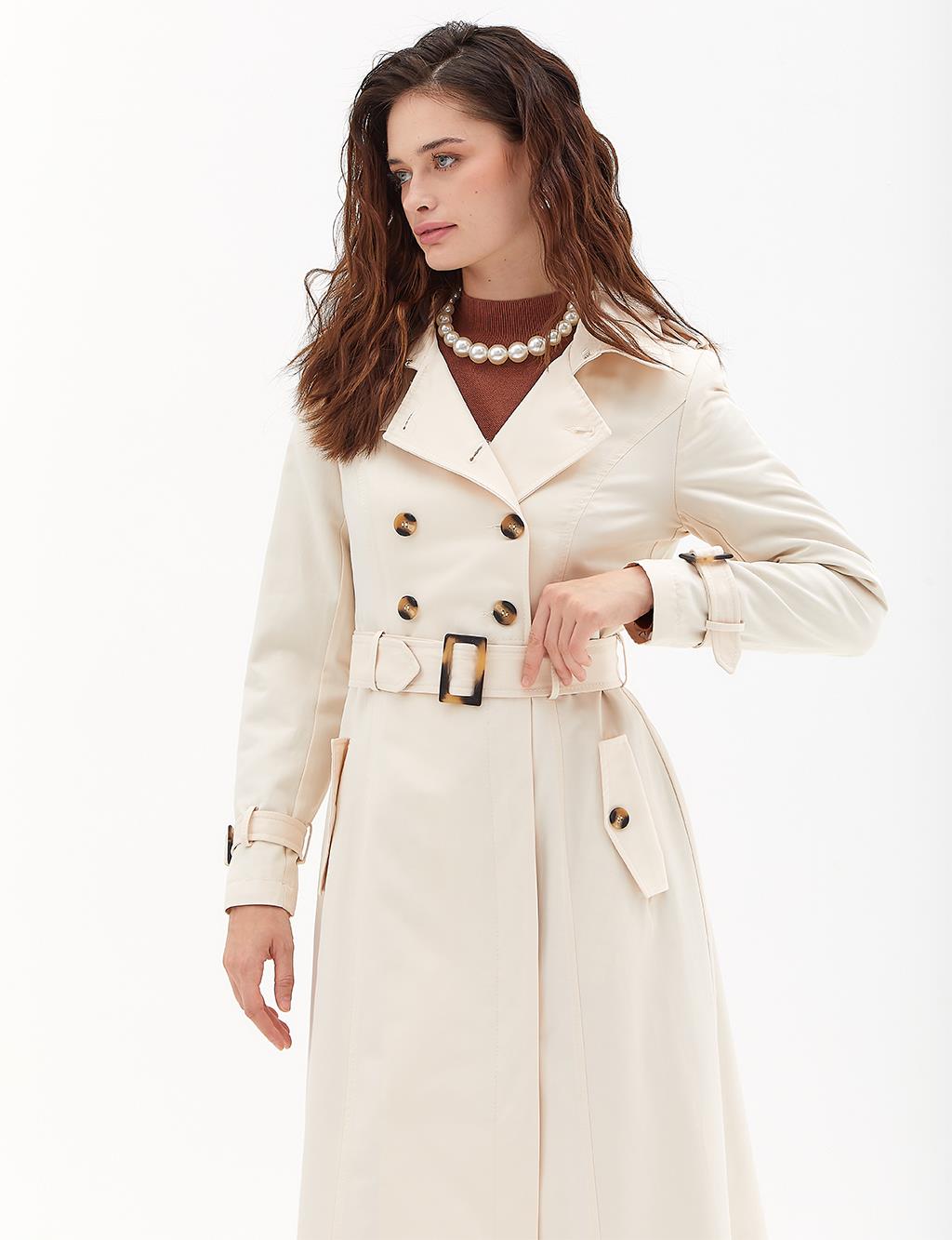 Bone Buttoned Double Breasted Topcoat Light Cream