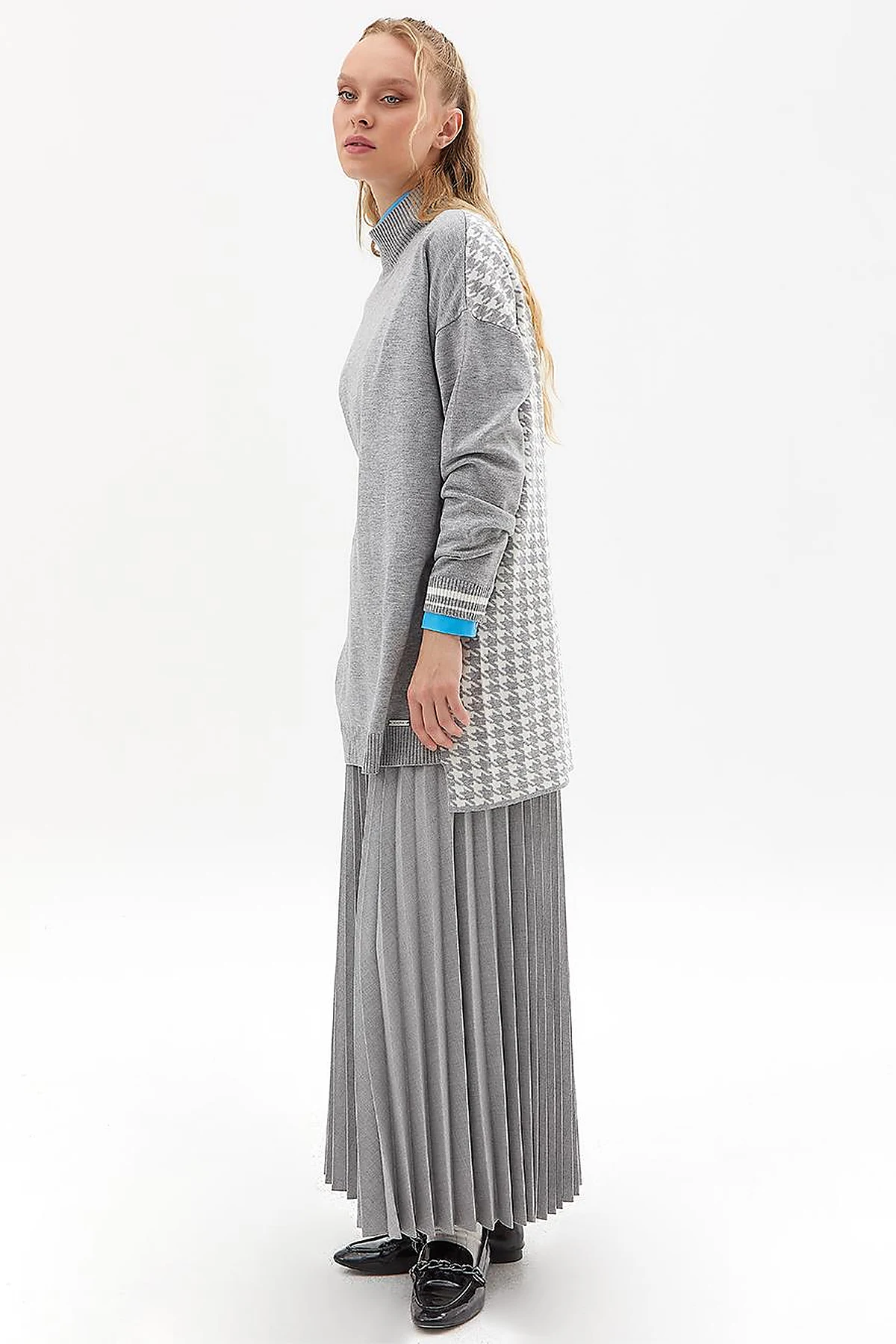 Houndstooth Patterned Knitwear Tunic Gray