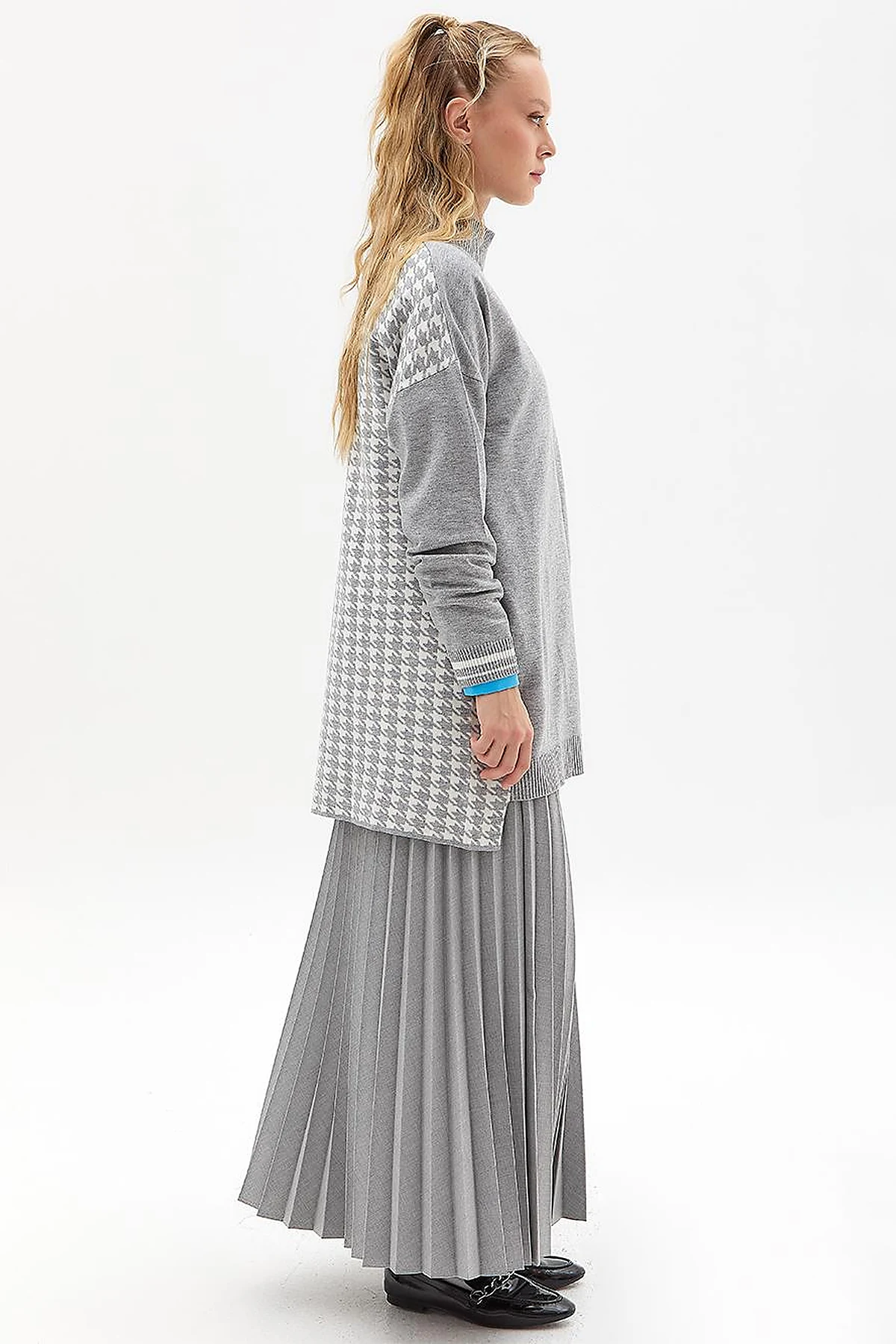 Houndstooth Patterned Knitwear Tunic Gray