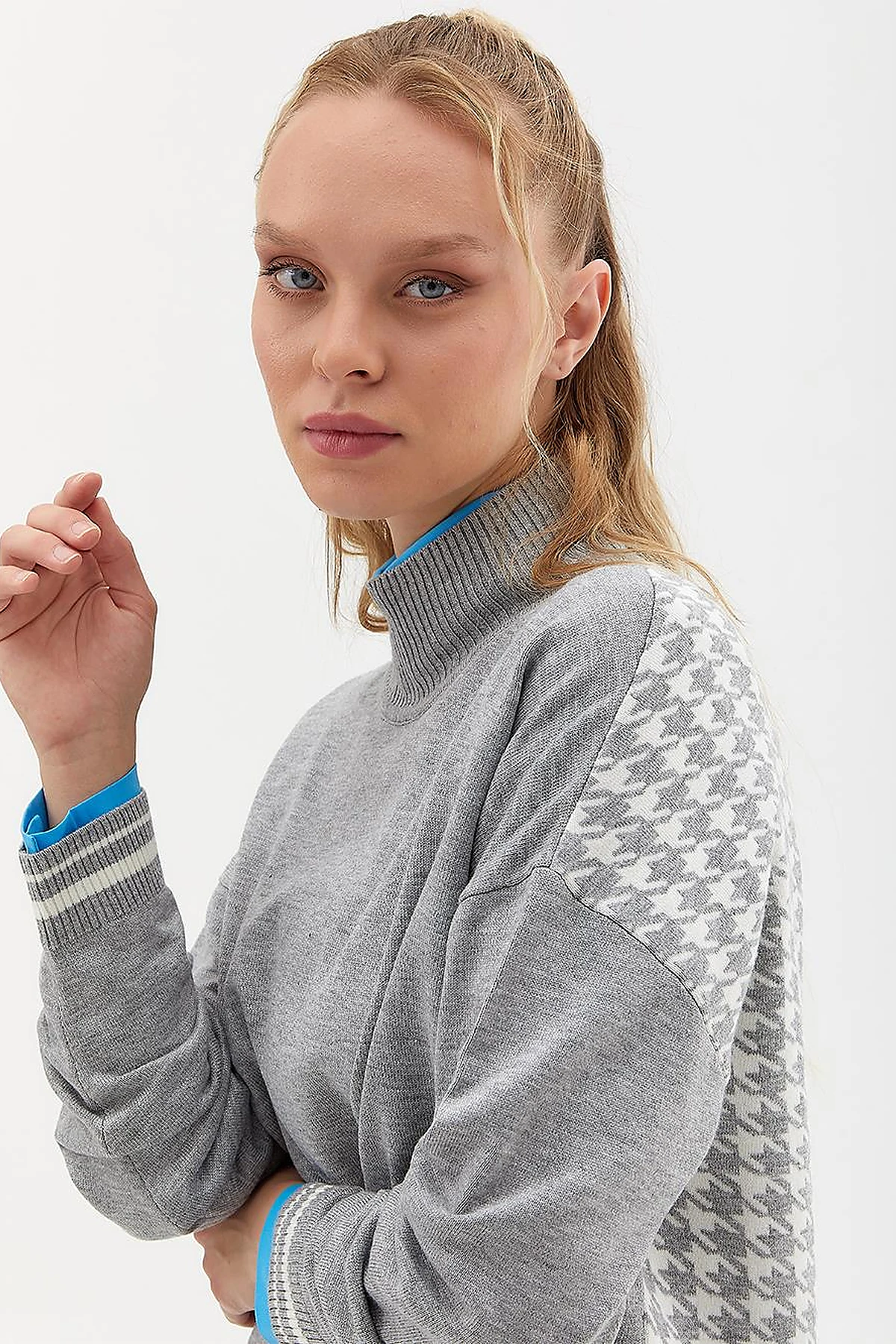 Houndstooth Patterned Knitwear Tunic Gray