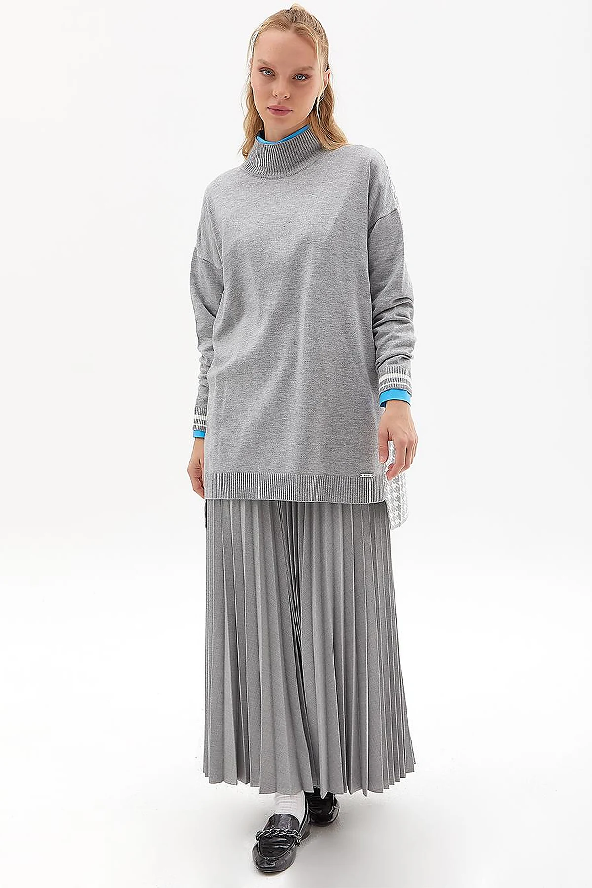 Houndstooth Patterned Knitwear Tunic Gray