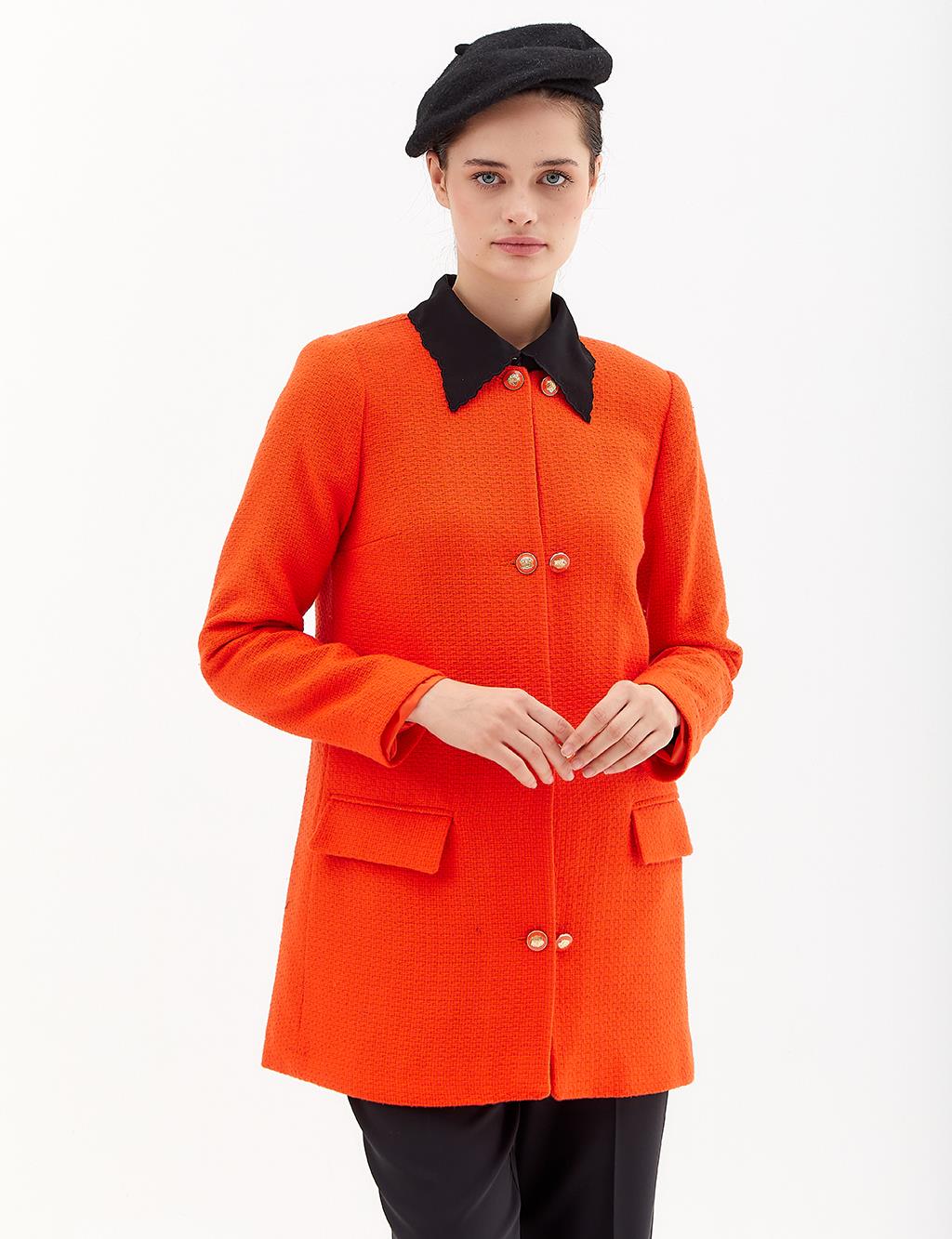 Double Button Textured Jacket Coral