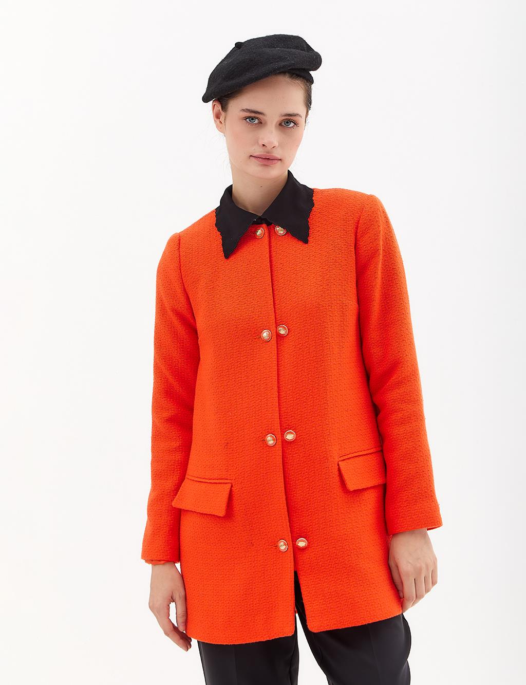 Double Button Textured Jacket Coral