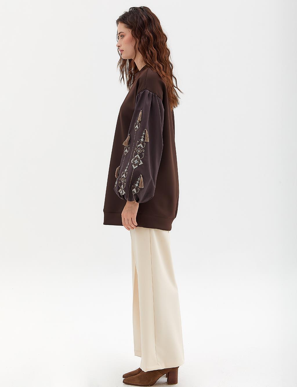 Etamin Embroidered Balloon Sleeve Sweatshirt Bitter Brown