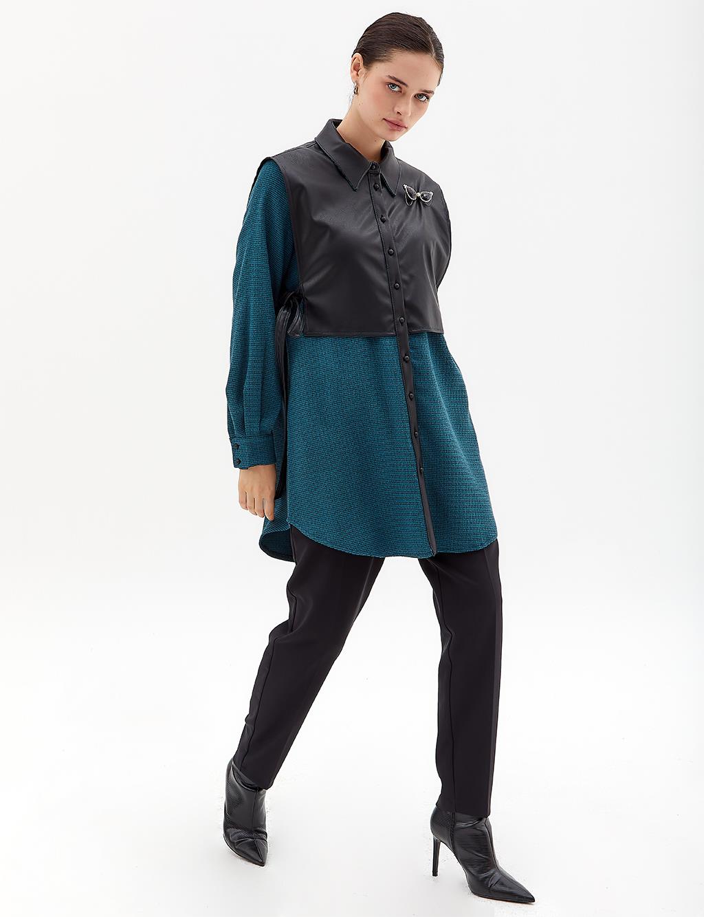 Faux Leather Layer Detailed Tunic Petrol