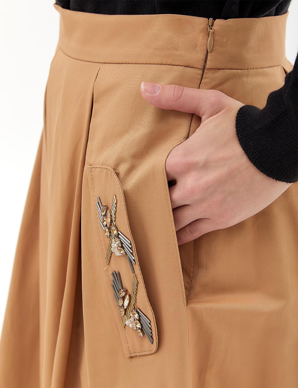 Pleated Beaded Skirt Beige