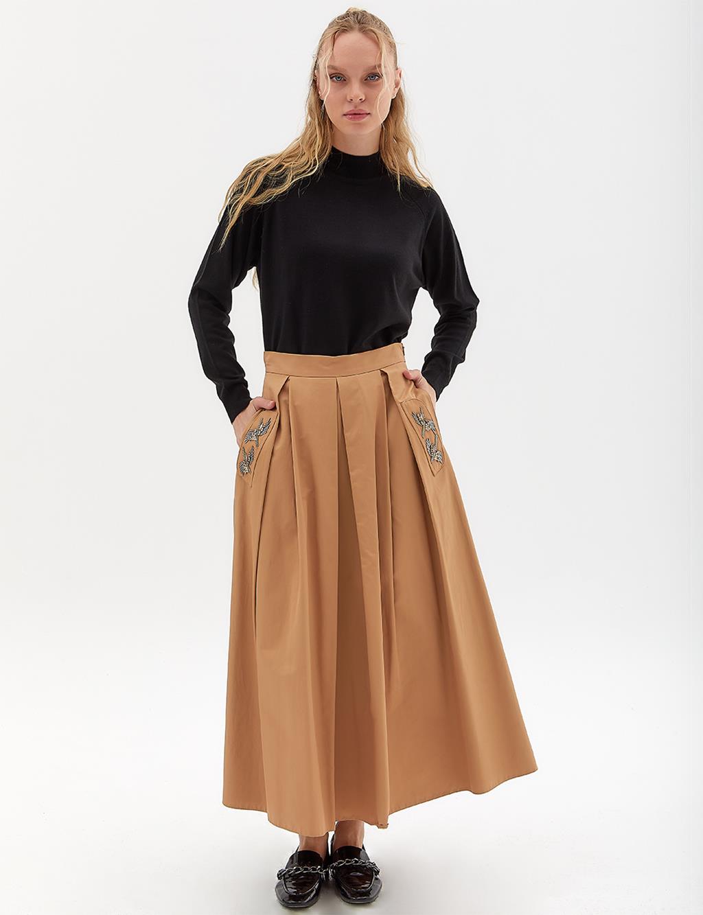 Pleated Beaded Skirt Beige