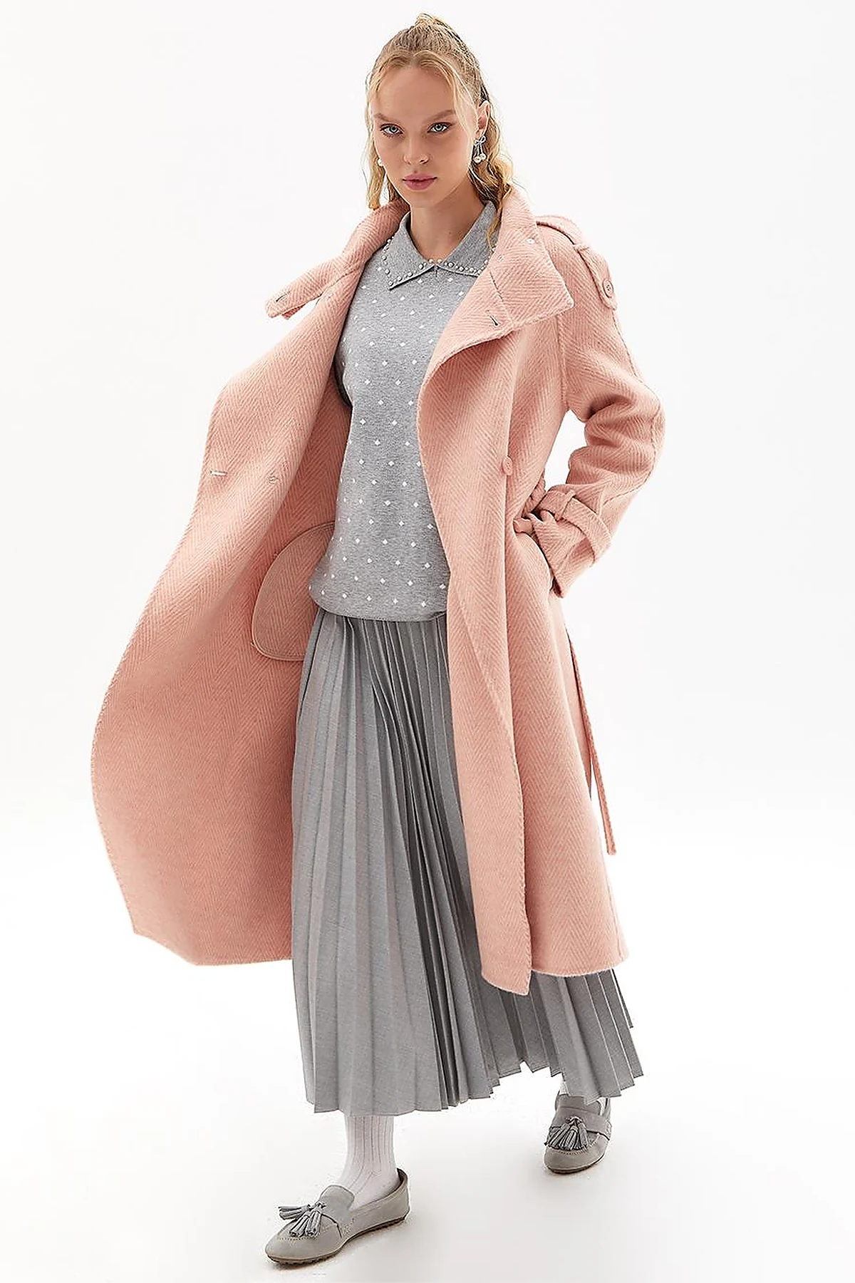 Premium Wool Herringbone Pattern Coat Powder