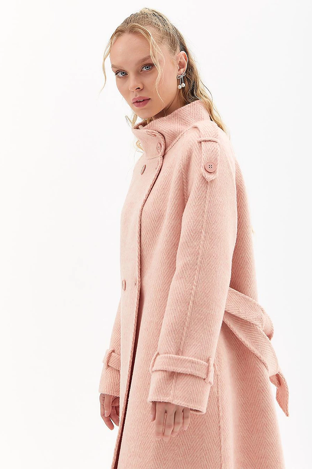Premium Wool Herringbone Pattern Coat Powder