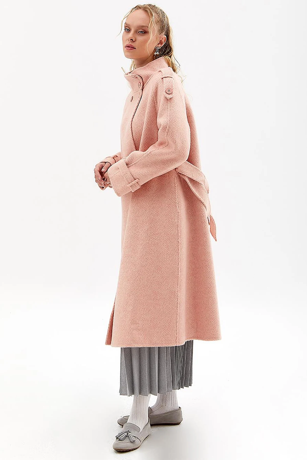 Premium Wool Herringbone Pattern Coat Powder