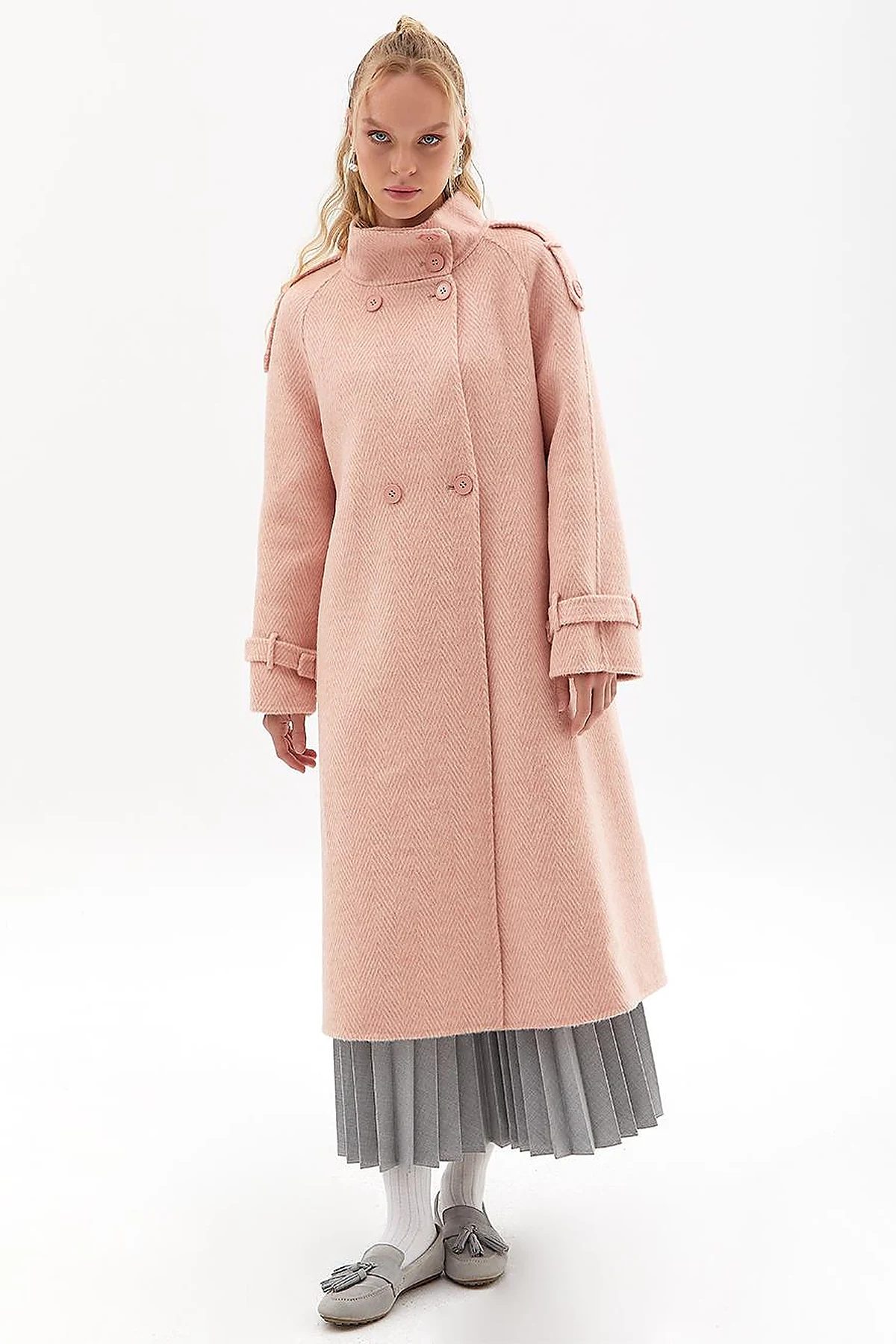 Premium Wool Herringbone Pattern Coat Powder