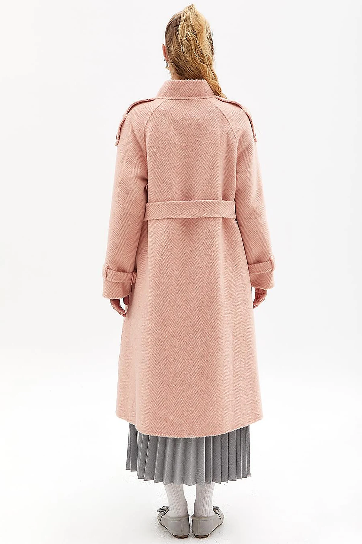 Premium Wool Herringbone Pattern Coat Powder
