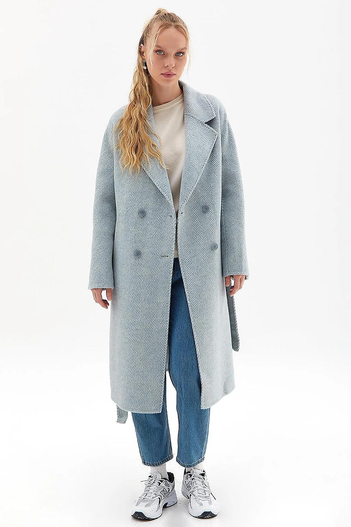 Premium Wool Men's Collar Belted Coat Blue
