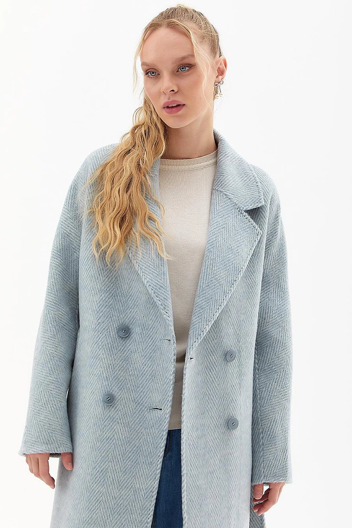 Premium Wool Men's Collar Belted Coat Blue