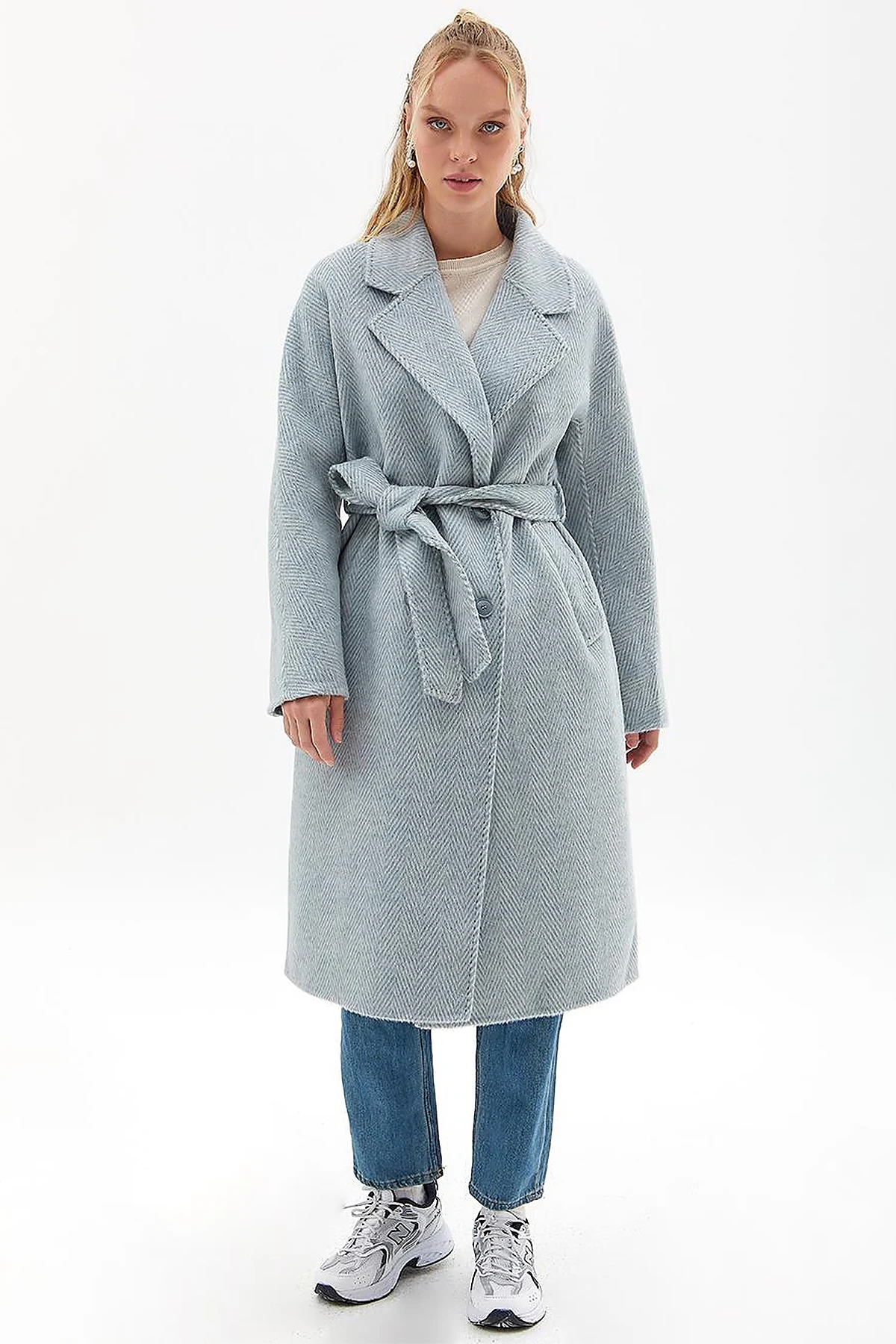 Premium Wool Men's Collar Belted Coat Blue