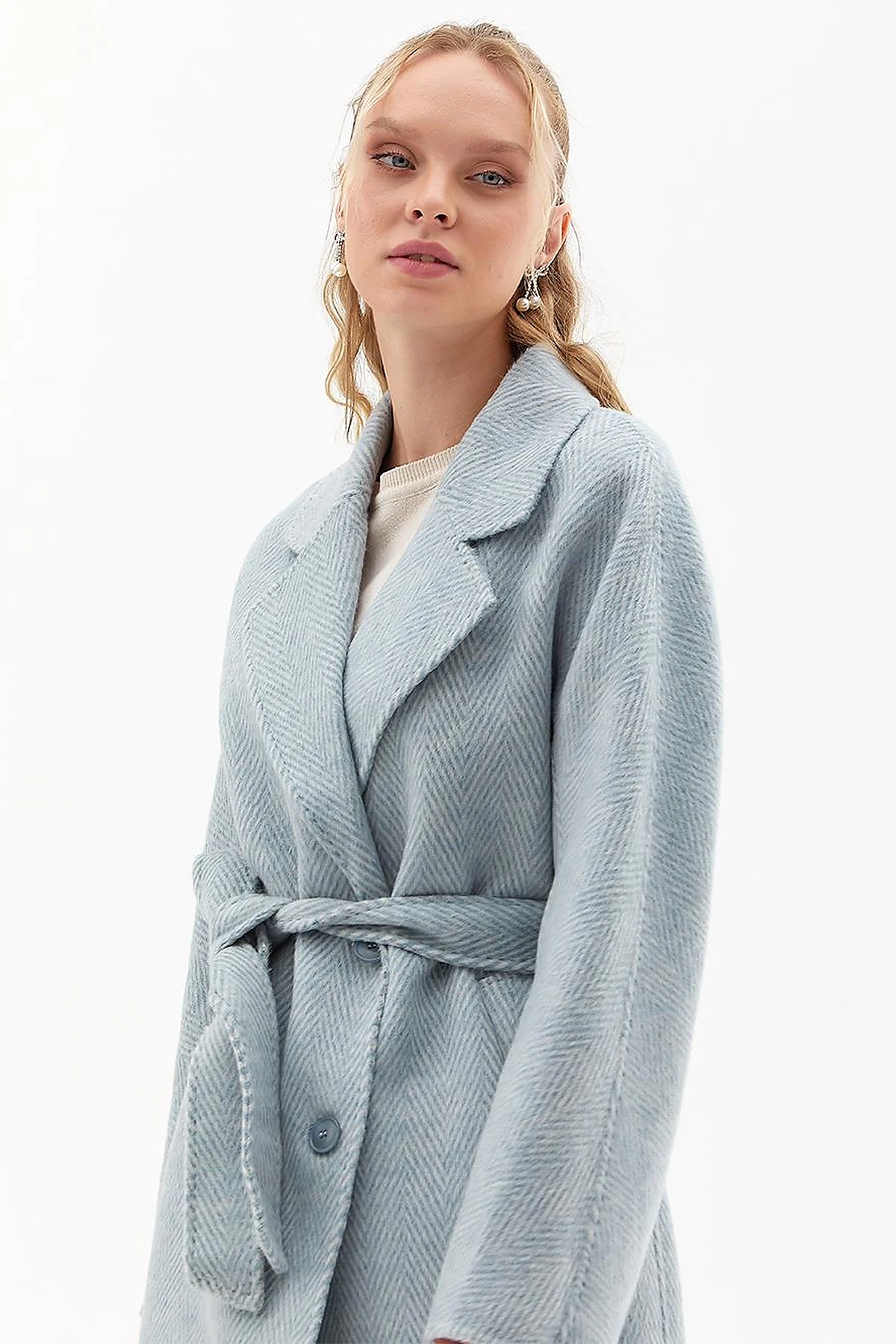 Premium Wool Men's Collar Belted Coat Blue