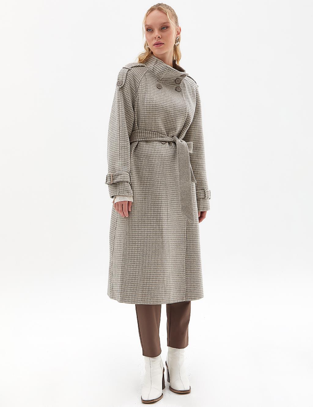 Premium Wool Houndstooth Pattern Coat Gray