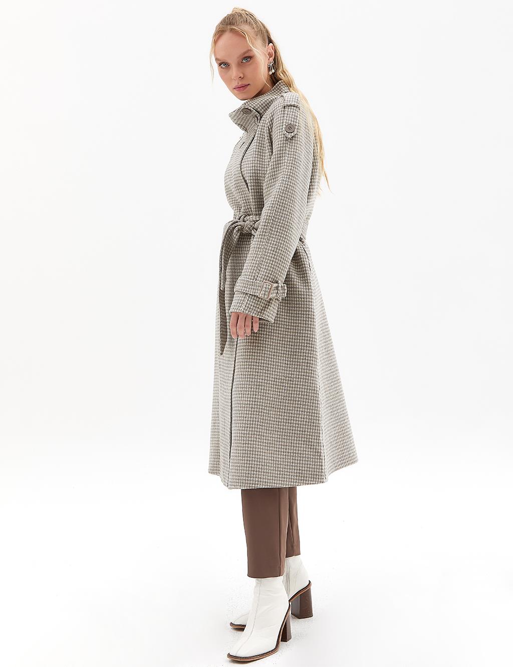 Premium Wool Houndstooth Pattern Coat Gray