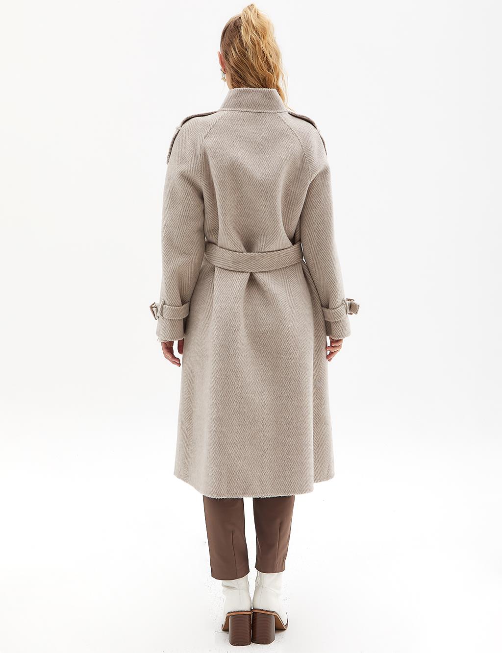 Premium Wool Herringbone Pattern Coat Mink
