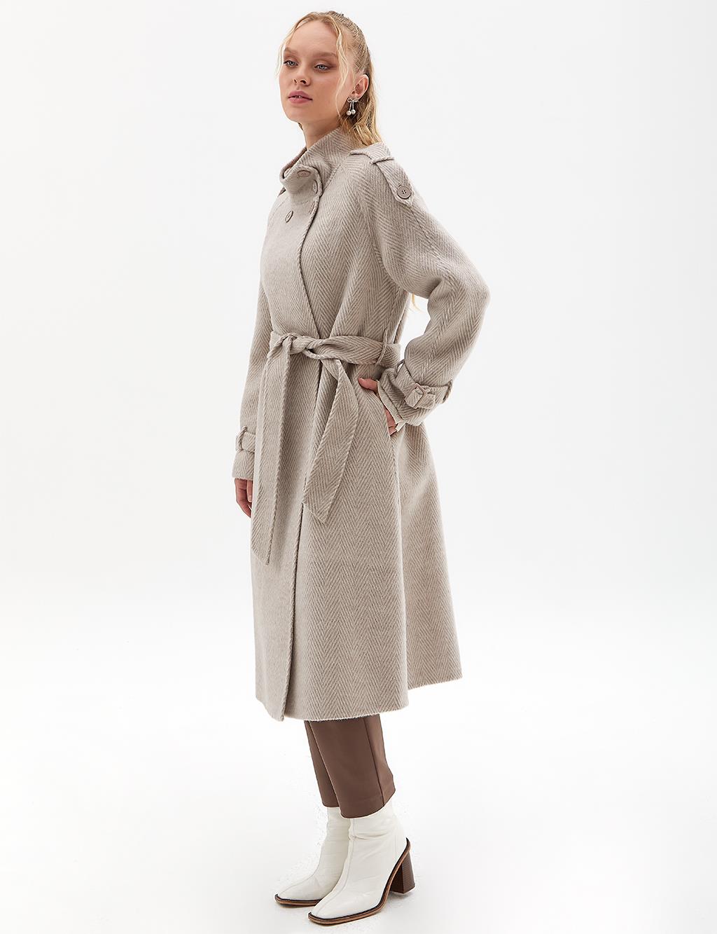 Premium Wool Herringbone Pattern Coat Mink