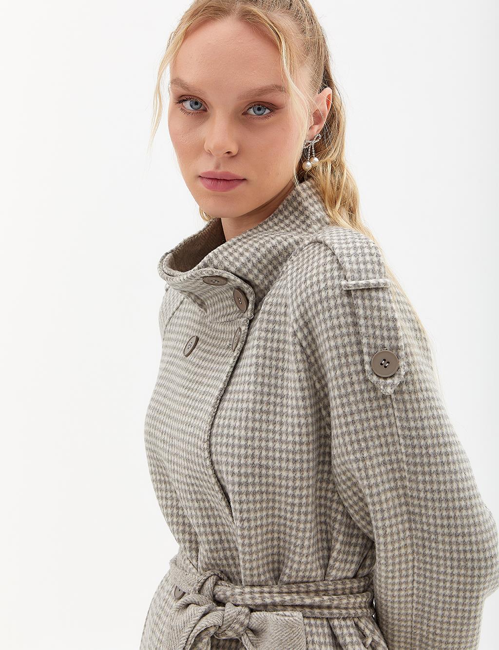 Premium Wool Houndstooth Pattern Coat Gray