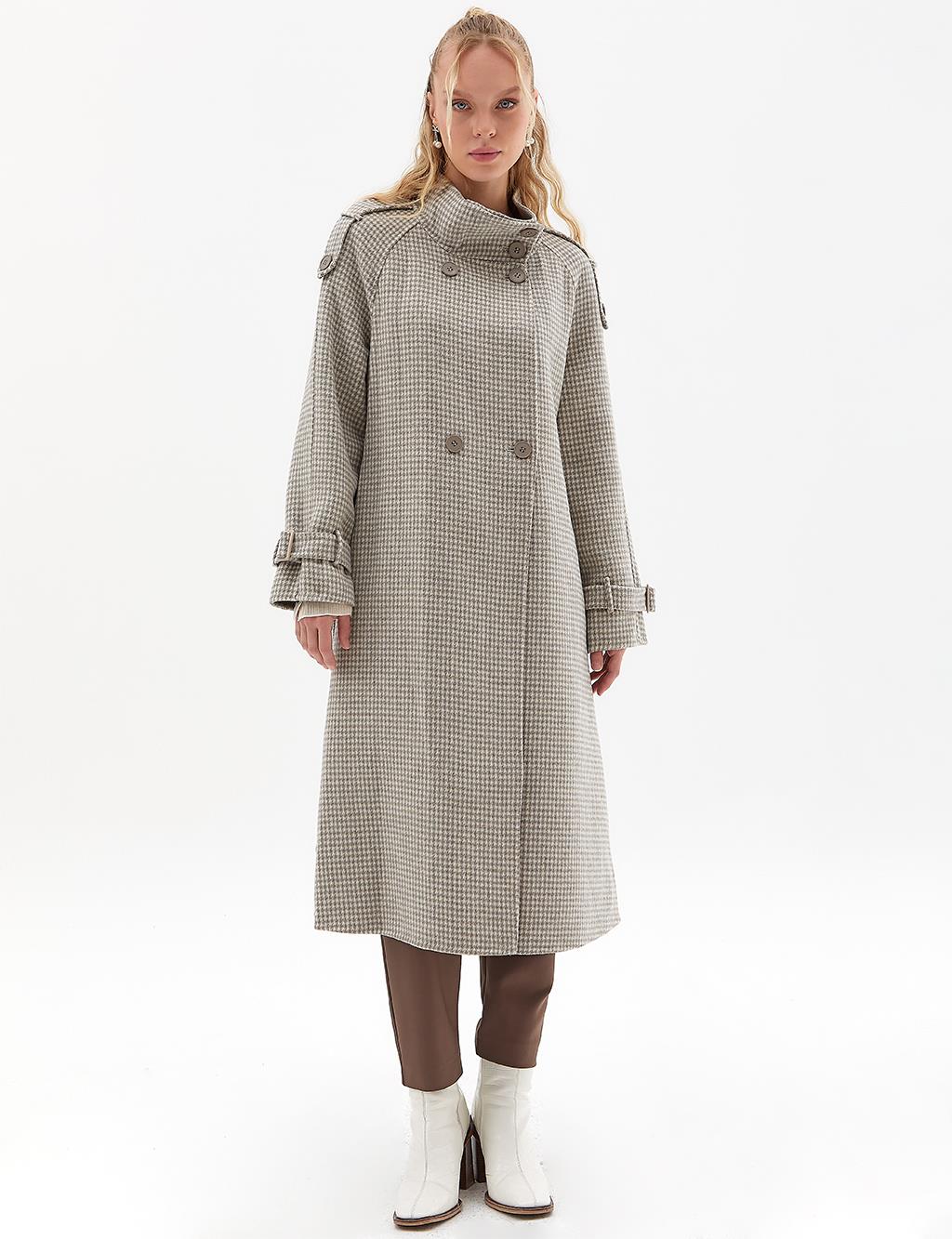 Premium Wool Houndstooth Pattern Coat Gray