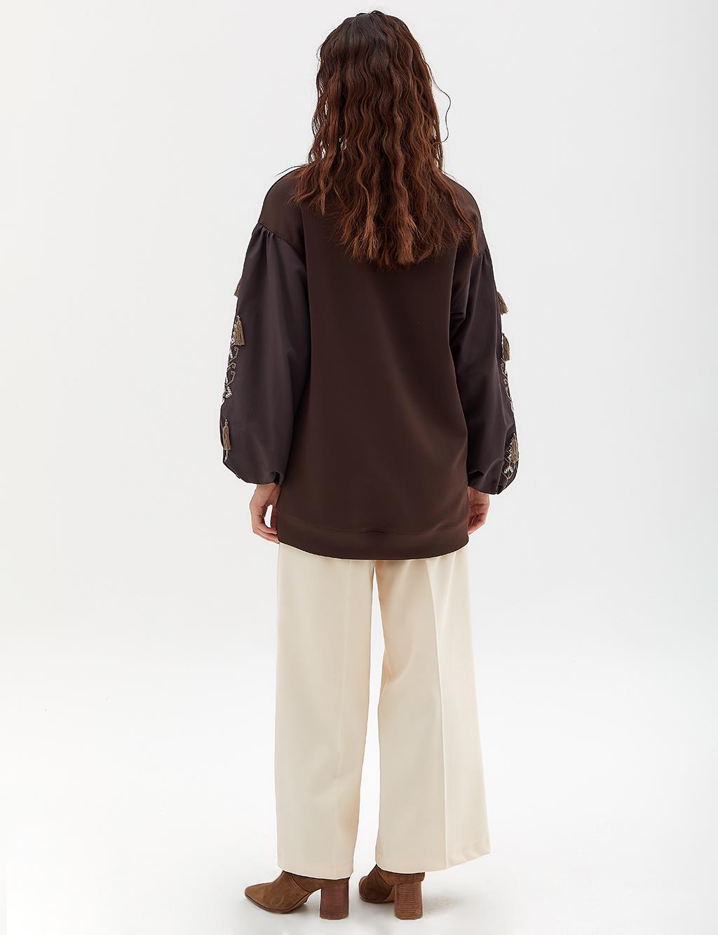 Etamin Embroidered Balloon Sleeve Sweatshirt Bitter Brown