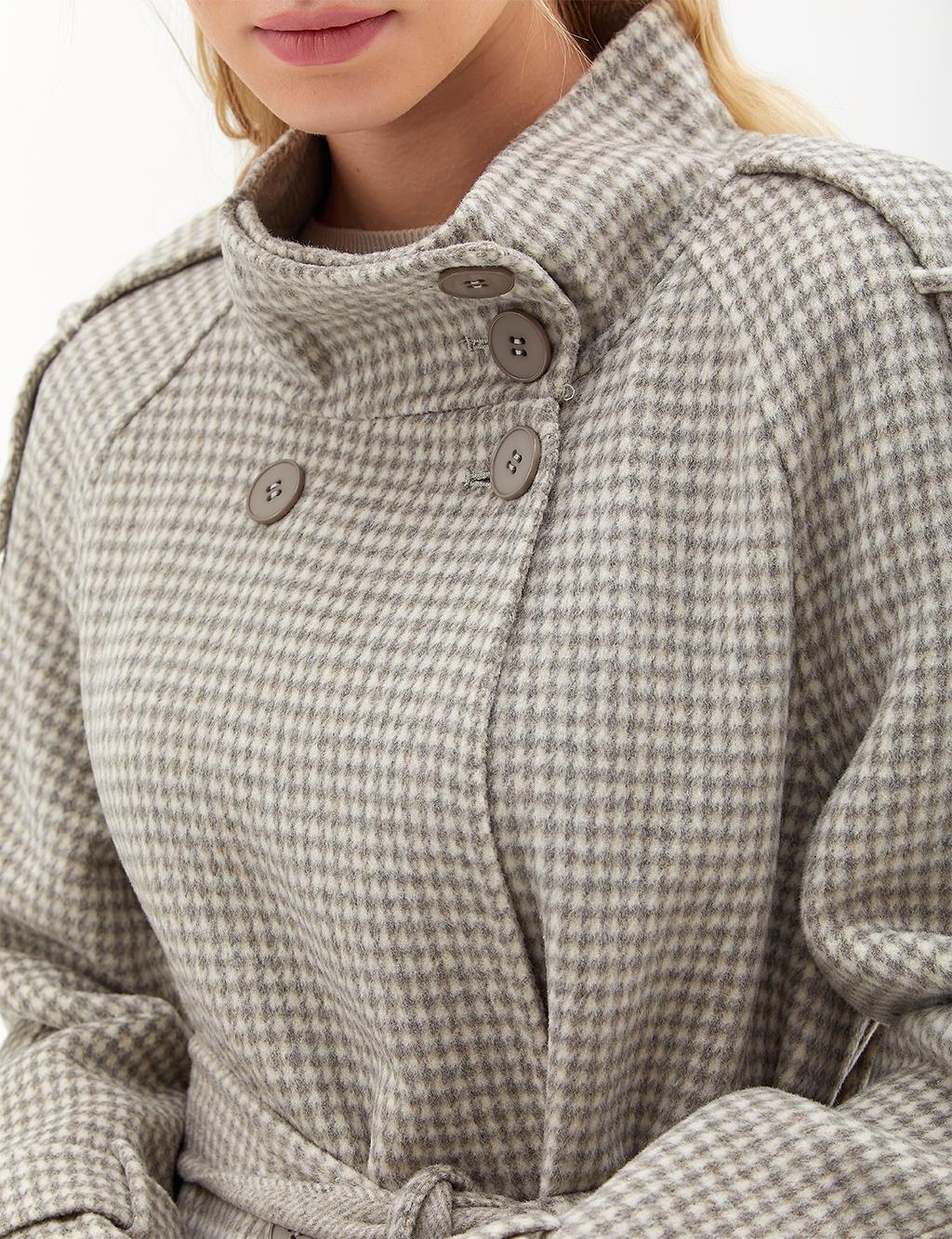 Premium Wool Houndstooth Pattern Coat Gray