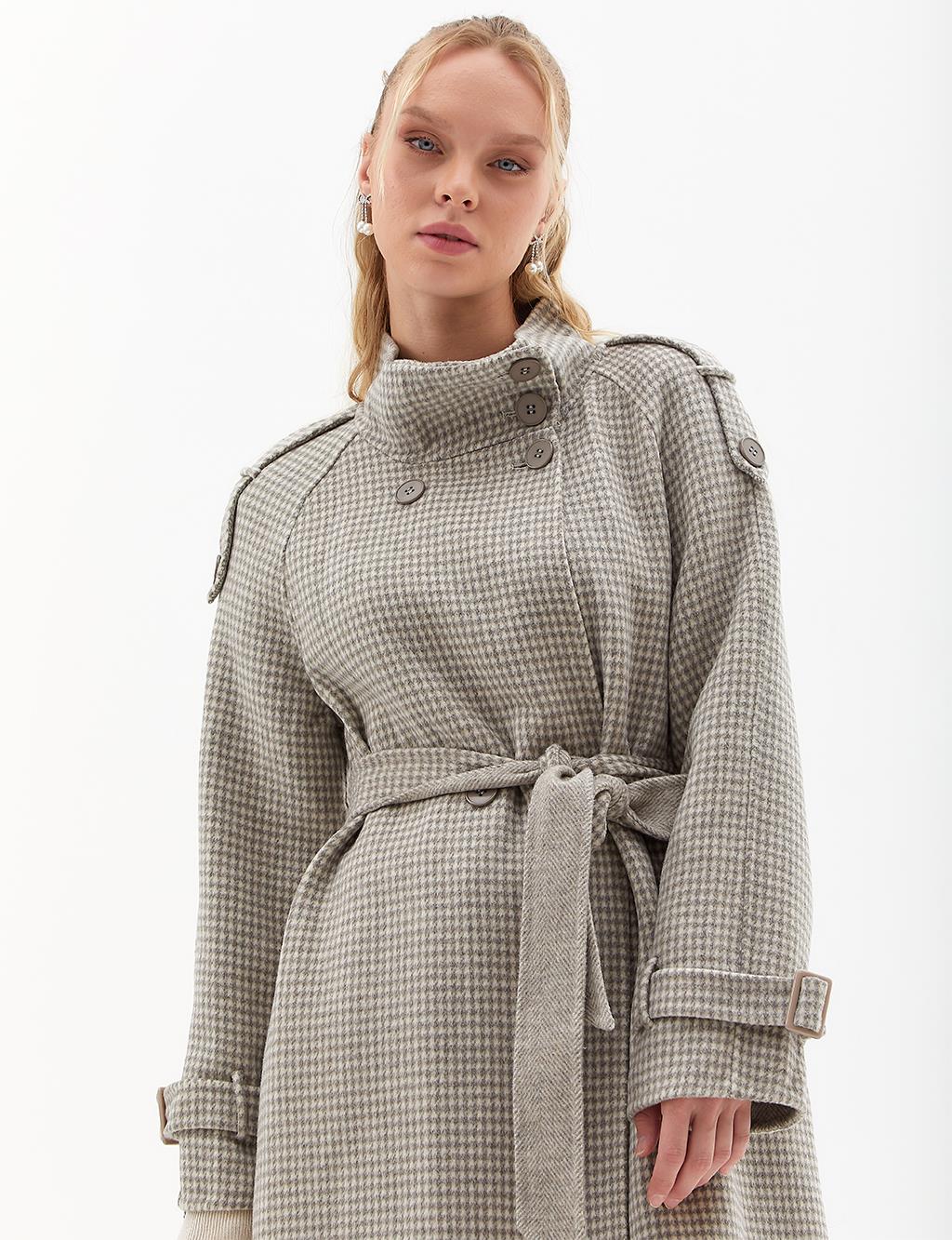 Premium Wool Houndstooth Pattern Coat Gray